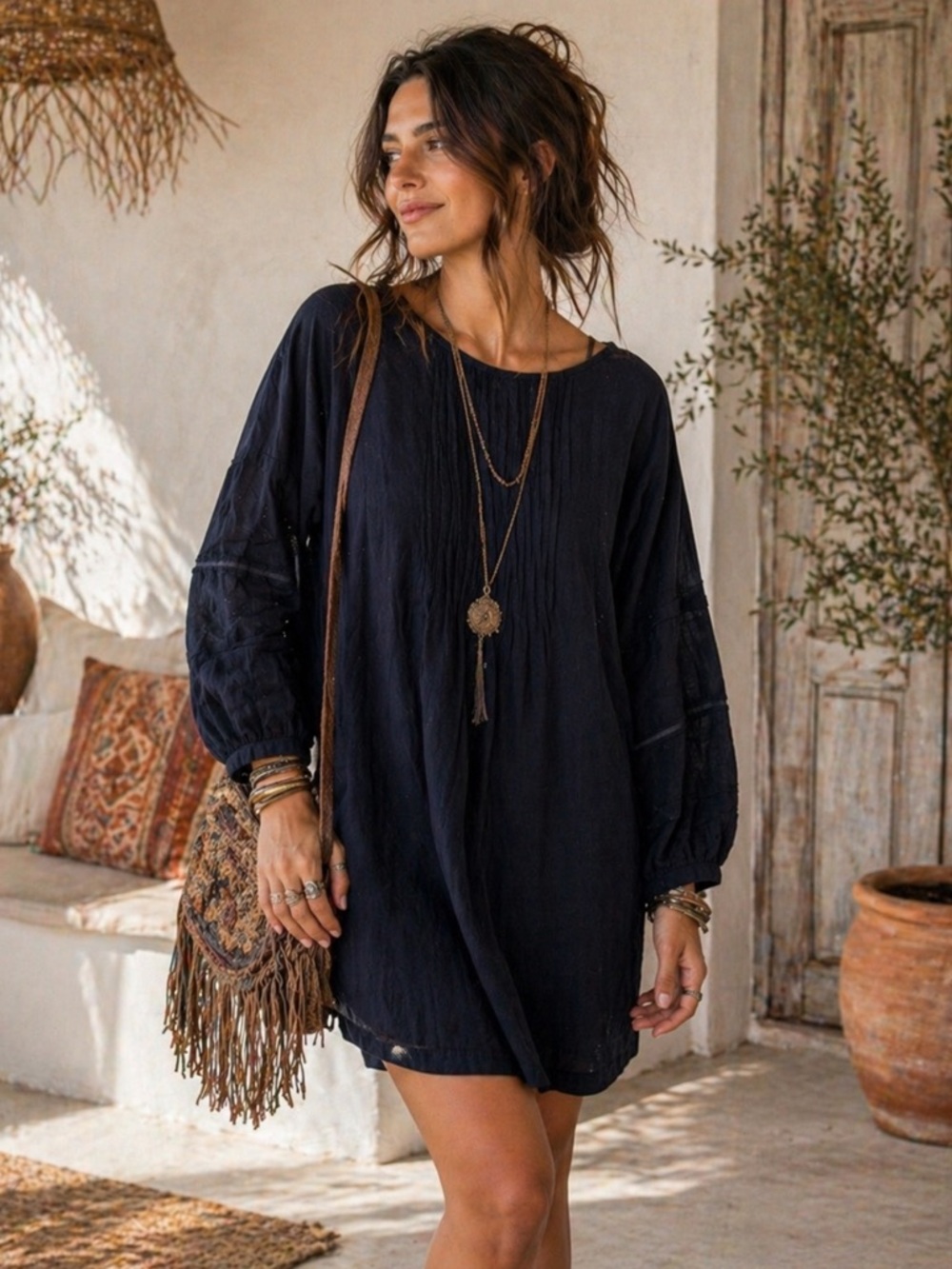 Anthro Velvet Graham Spencer Navy Boho Cotton Shift Dress XS